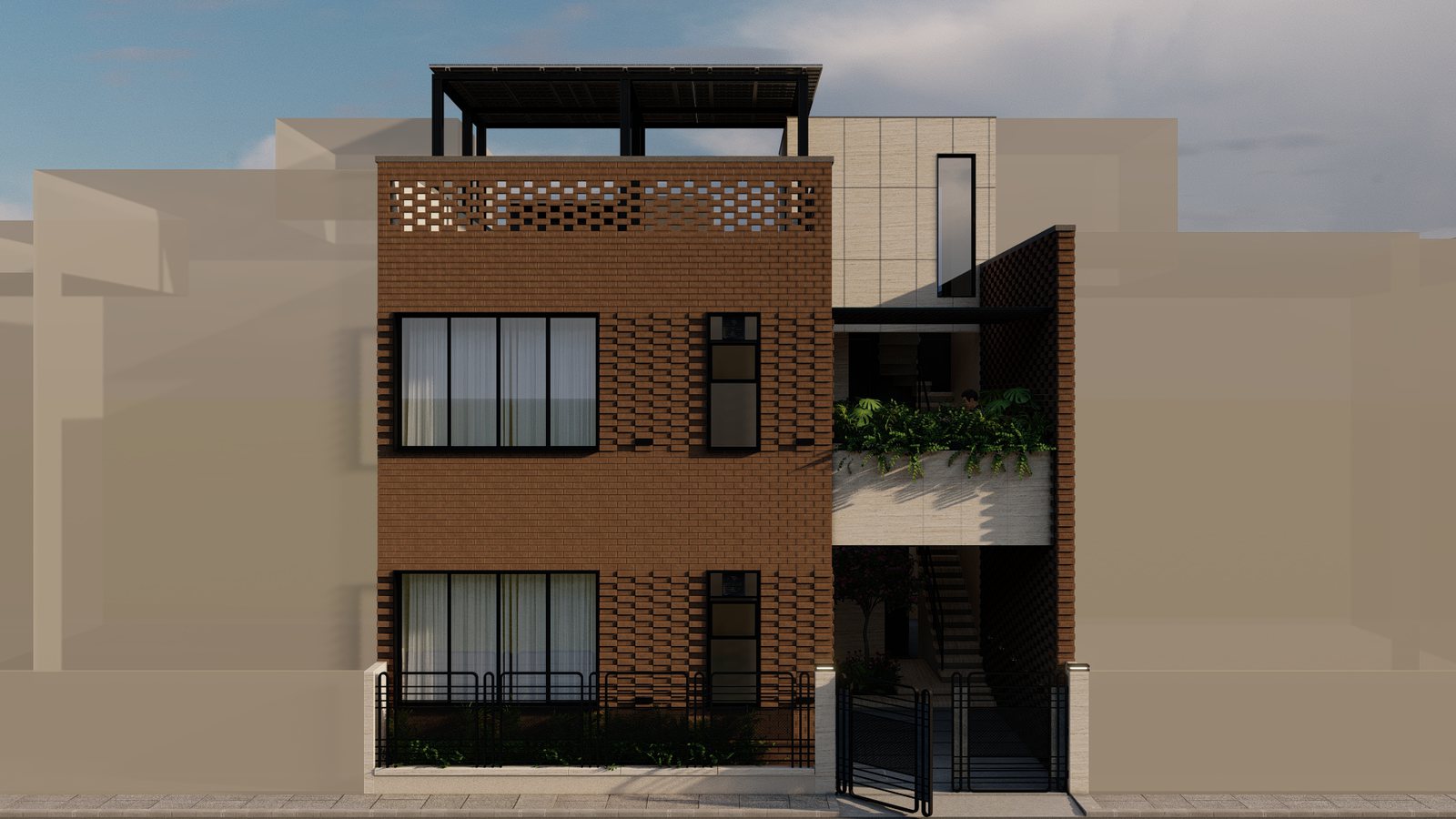 Rana Housing brick facade, front elevation