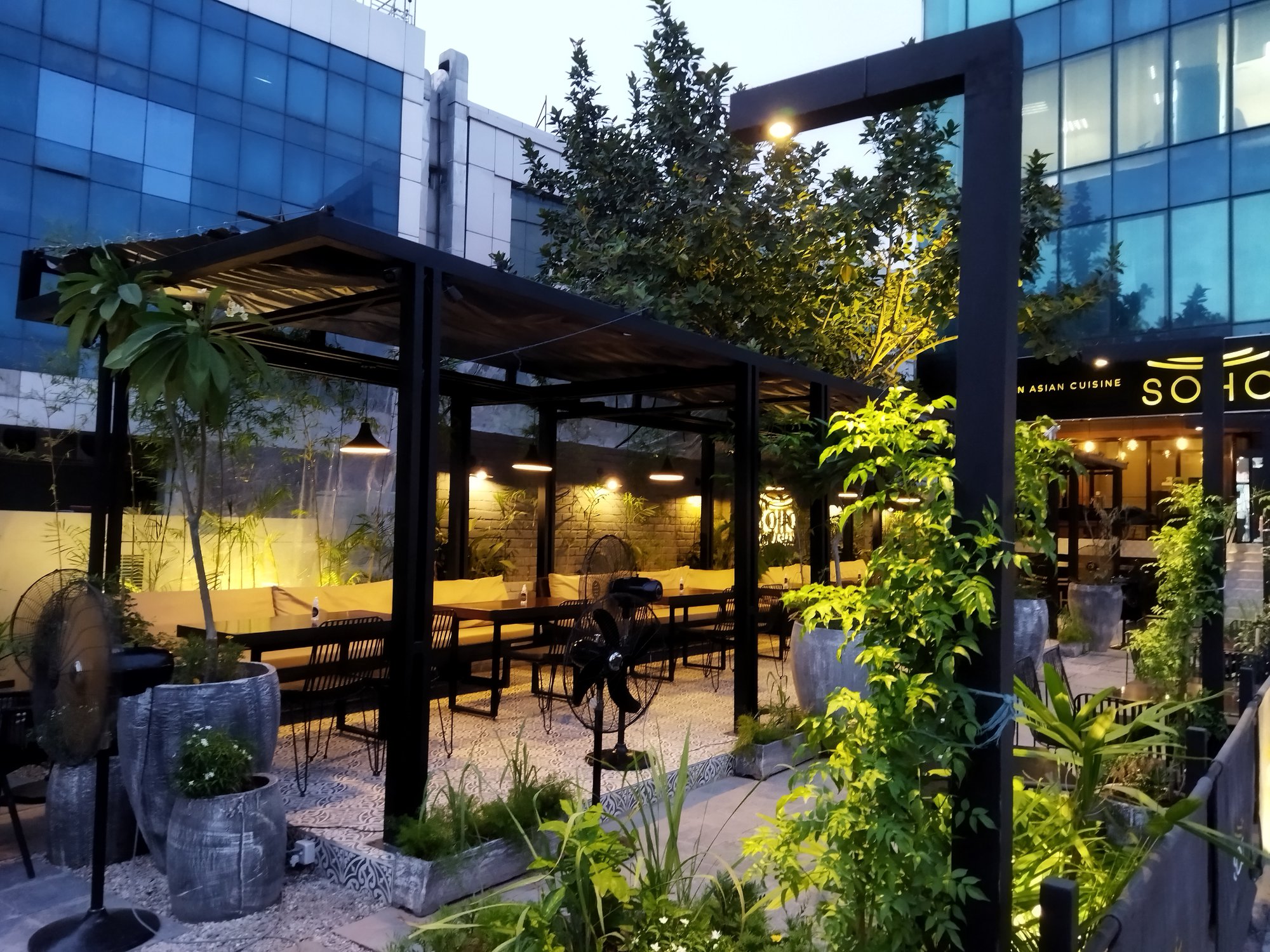 SOHO pergola at dusk